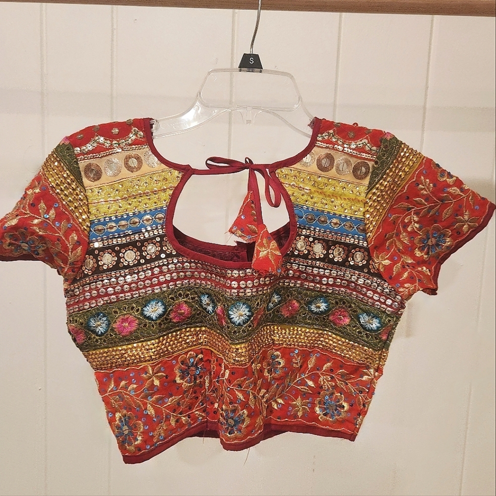 Red Patterned Handmade Indian Embroidered Beaded Crop Top Blouse